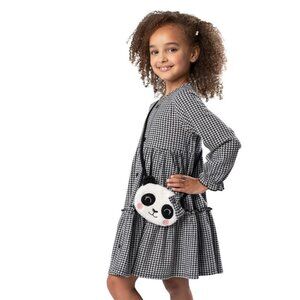 Girls Rare Editions Black & White Gingham Long-Sleeve Dress W/ Bear Purse